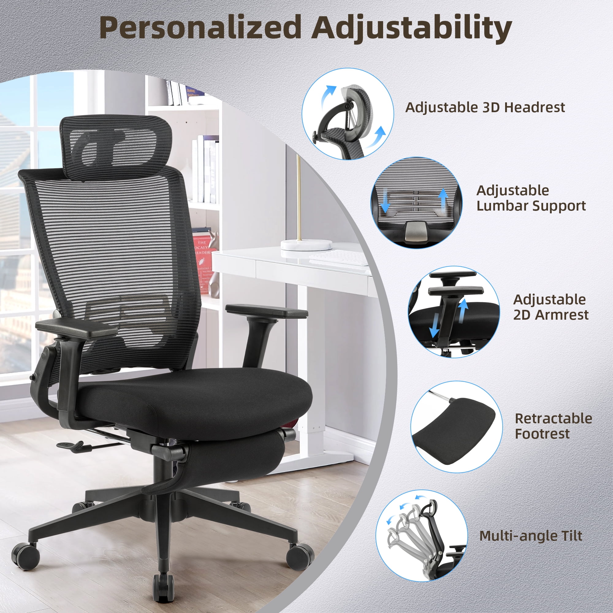 Hforesty Black Foldable Office Chair with Footrest – Ergonomic Mesh Computer Chair, Lumbar Support, Swivel Tilt, 300lbs