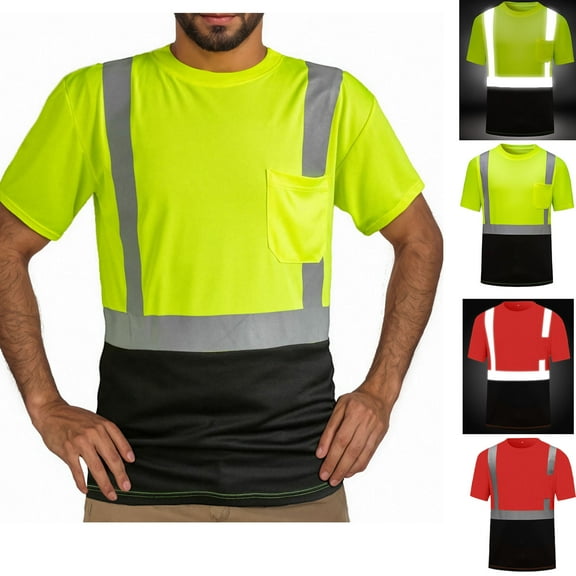 Xuniizn High Visibility Shirts for Men Quick Dry Short Sleeves Round Neck Safety Shirts with Reflective Strips and Pockets Summer Construction Work Shirts