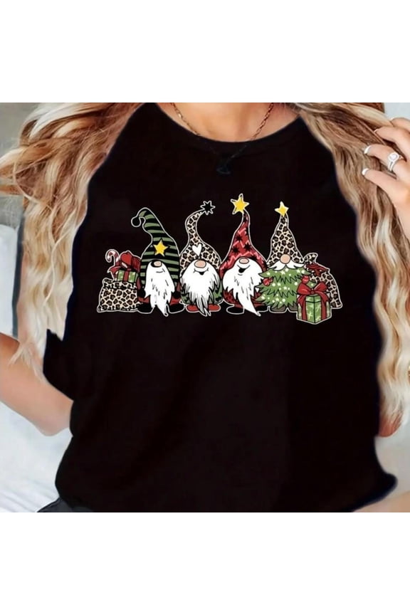 Women's Gnome Christmas Graphic Cotton T Shirt Short Sleeve Comfortable Round Neck Top Black S-5XL