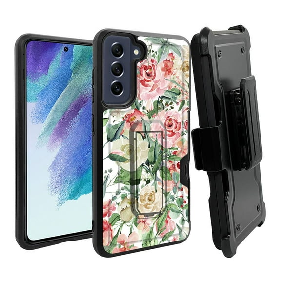 ANJ  Rugged Dual Layer Hybrid Holster Kickstand Case w/ Card Slot   Tempered Glass Cover for Samsung Galaxy S21 FE 5G - Blooming Flowers