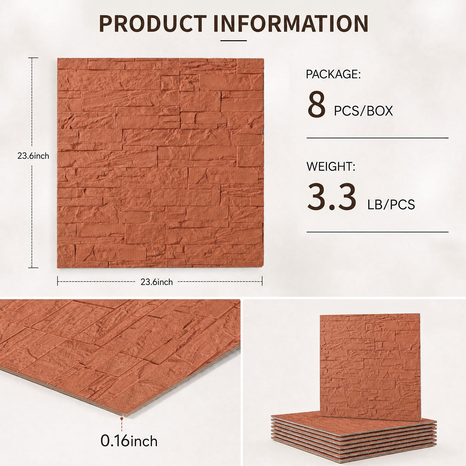 BEAUTYPEAK 8PCS 24"x 24" 3D Wall Panels Lightweight Wall Decor Panels for Home, Reddish Orange