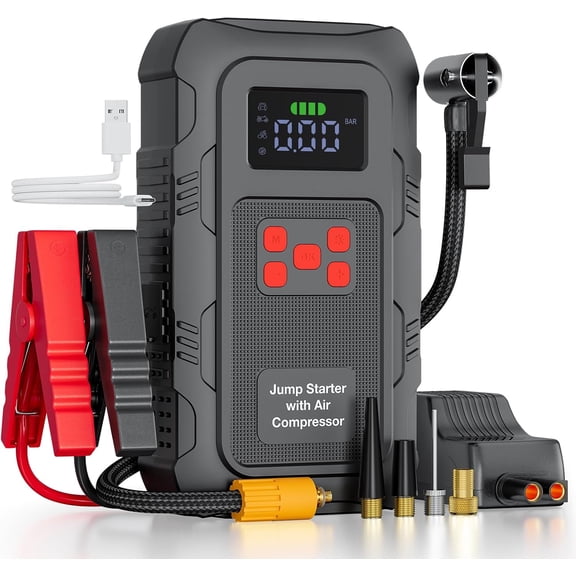 6000A Jump Starter with Air Compressor, Portable Car Battery Jump Starter with 150 PSI Tire Inflator for Up to 10.0L Gas and 8.0L Diesel Engines, 12V Jump Box with LCD Display