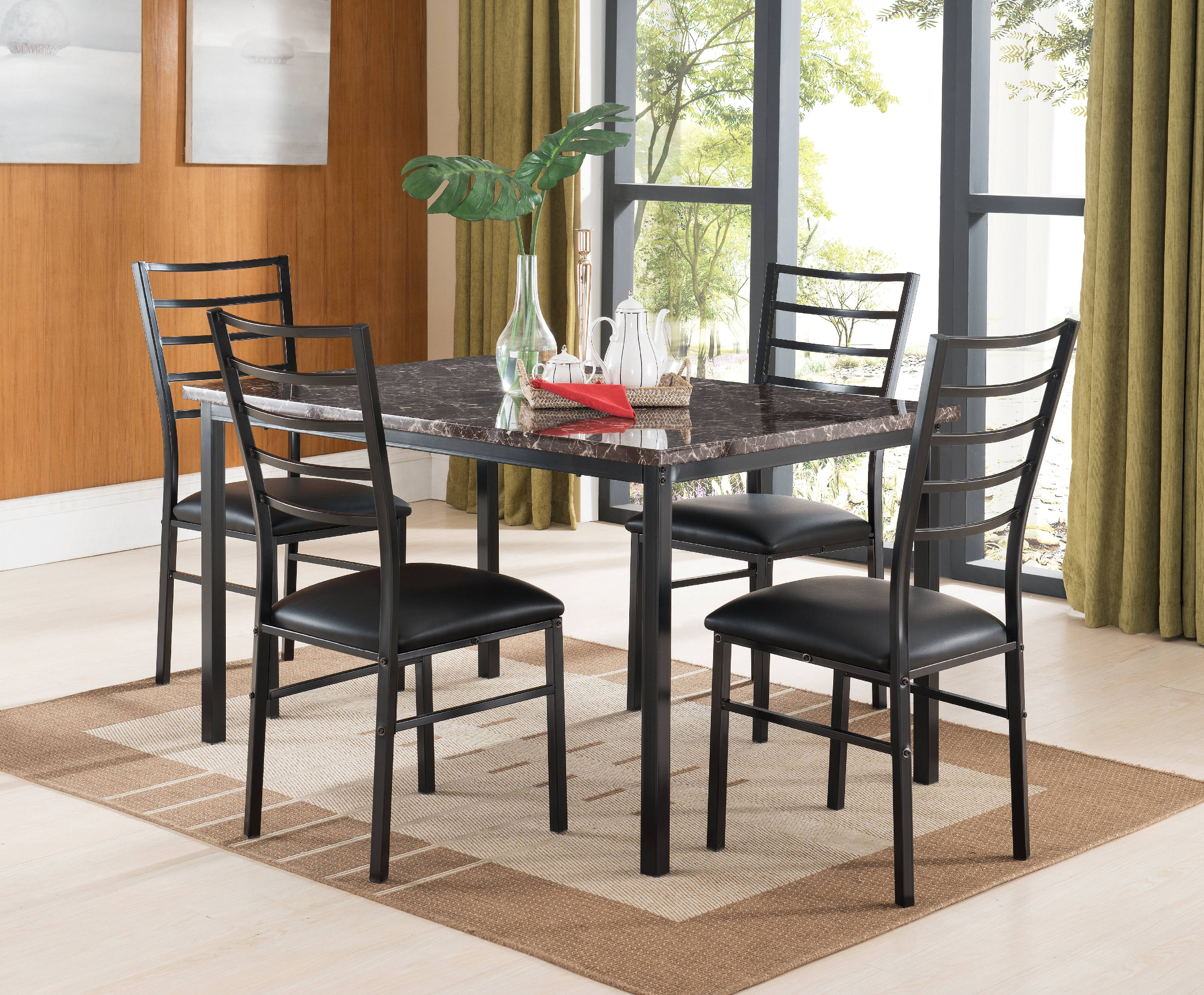Maxen 5 Piece Kitchen Dining Set, Black Metal Frame & Faux Marble Top