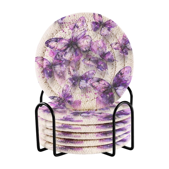 Purple Butterflies Watercolor 6 Pcs Drink Coasters with Holder Absorbent Coasters Woven Coasters for Drinks Table Desk Protection Home Decor