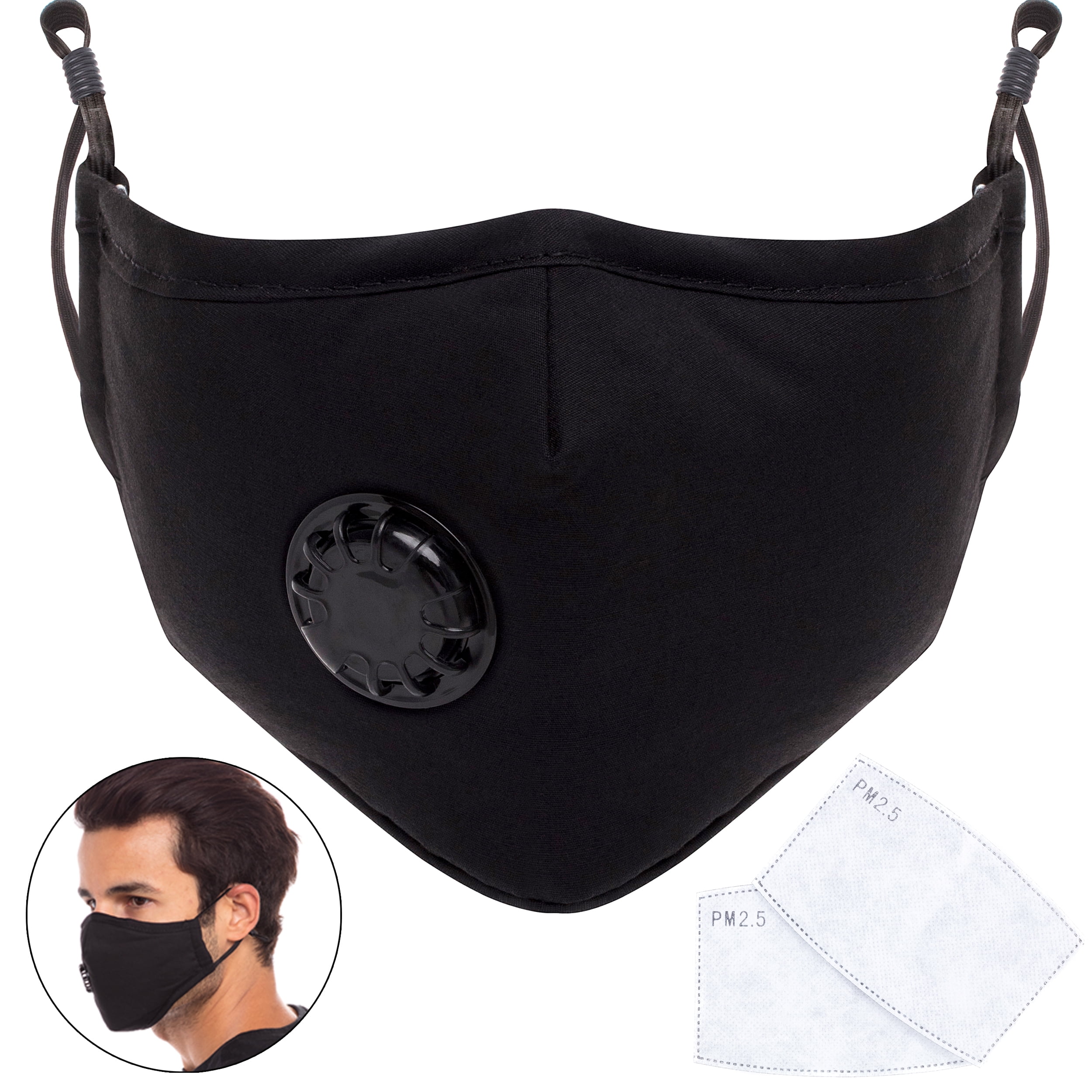 PM 2.5 Mask, Black - Reusable, Washable Cotton Face Mask - 4 Pieces with 8 Filters - Adjustable Ear Bands and Nose Bridge - Removable Air Valve Protects Against Pollutants and Other Airborne Particles