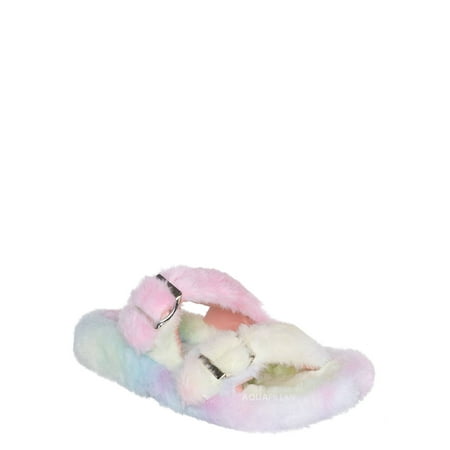 

Fluffy Faux Fur Footbed Slipper Men Women Fuzzy Double Buckle Slides