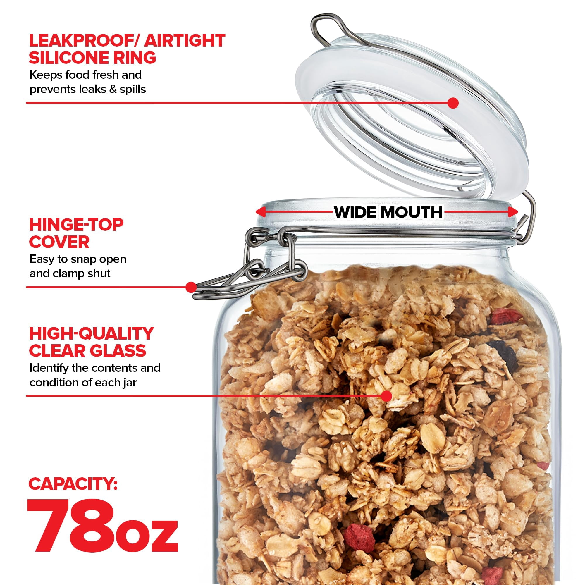 78 oz Large Glass Storage Containers With Airtight Clamp Lids, Set of 3 Hinge-Top Food Storage Mason Jars for Pantries, Sealed Glass Kitchen Jars for Flour, Pasta, Sugar or Cereal