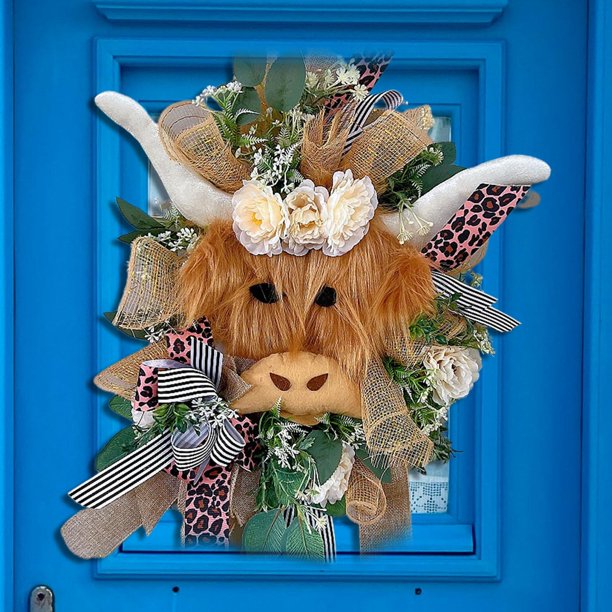 Cow Wreath Spring Decor Wreath para puerta delantera Rústico Bienvenido Wreath Artificial Flower Wreath Easter Artificial Flower Garland estilo B perfecl Corona colgante de puerta delantera