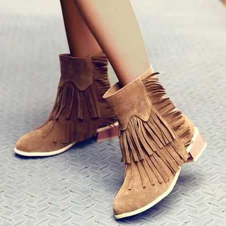 

Midewhik Solid Women s Boots Fashion Retro Tassel Boots Color Suede Slip-On Fashion Flat women s boots