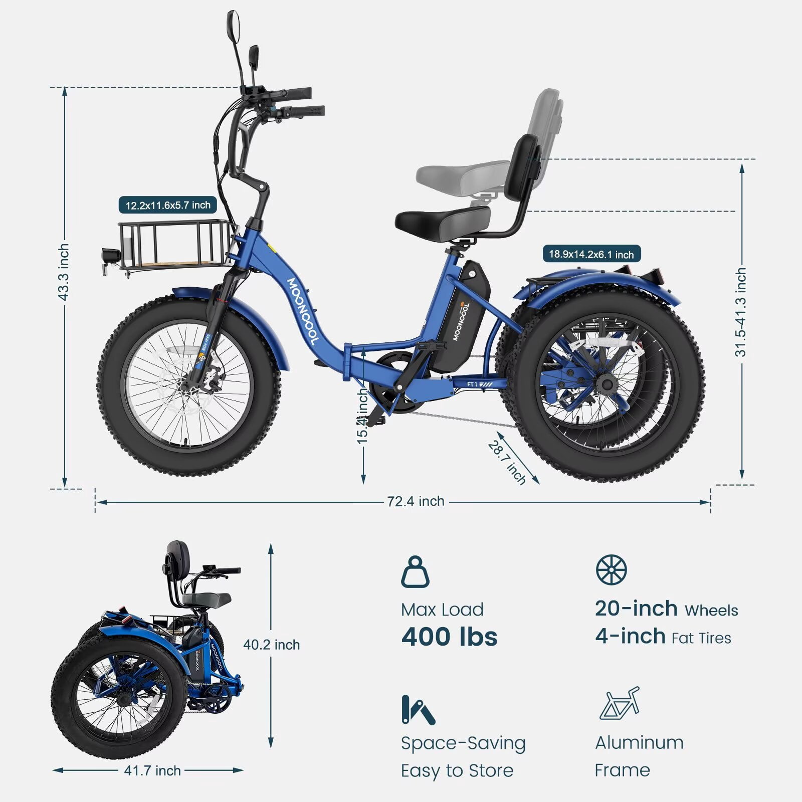 MOONCOOL Folding Electric Tricycle for Adults, 20" x 4" Fat Tire Electric Trike, 48V Peak 1092W  Electric Bicycle, 3 Wheels 7 Speed Ebike w/ 14.5Ah Removable Battery& Speed Differential Mechanism
