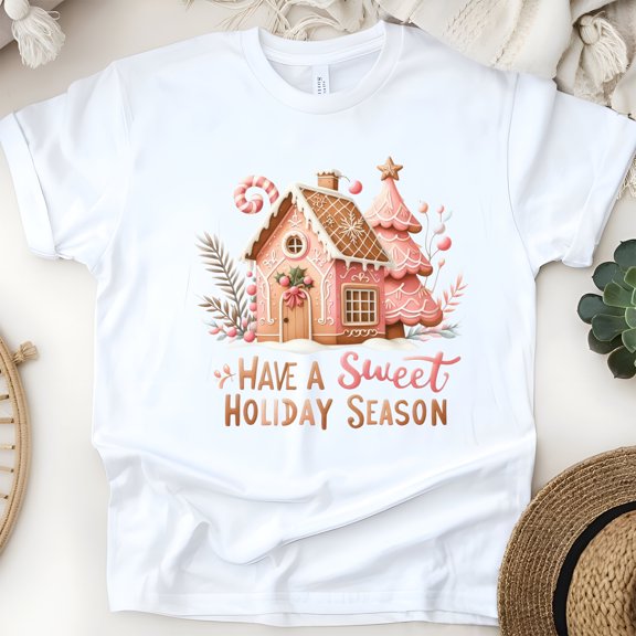 Sweet Holiday Season T-Shirt | Gingerbread House Graphic Tee, White, Size S