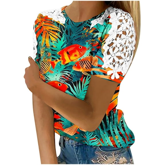 Youyipin womens tops spring fashion Womens Casual Crew Neck Short Sleeve Pleated Tops Blouses Fashion beach vacation clothes 2025