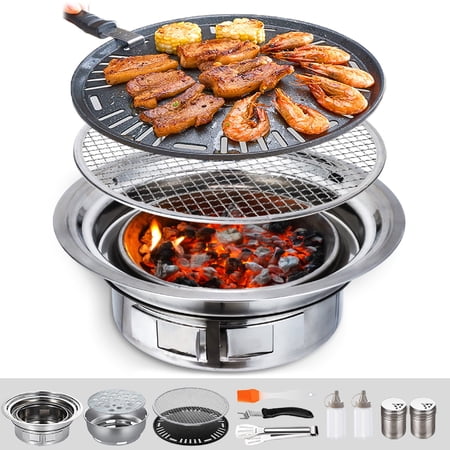 Charcoal Barbecue Grill, 13.7 Inches Non-Stick Korean BBQ Grill, Portable Stainless Steel Charcoal Stove for Home Party Outdoor Camping