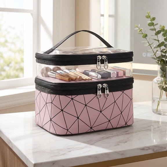 Makeup Bag Cosmetic Bag Travelling Double Layer Make Up Bag Organizer Medium Case for Women Girls Reusable Toiletry Bags(Pink)