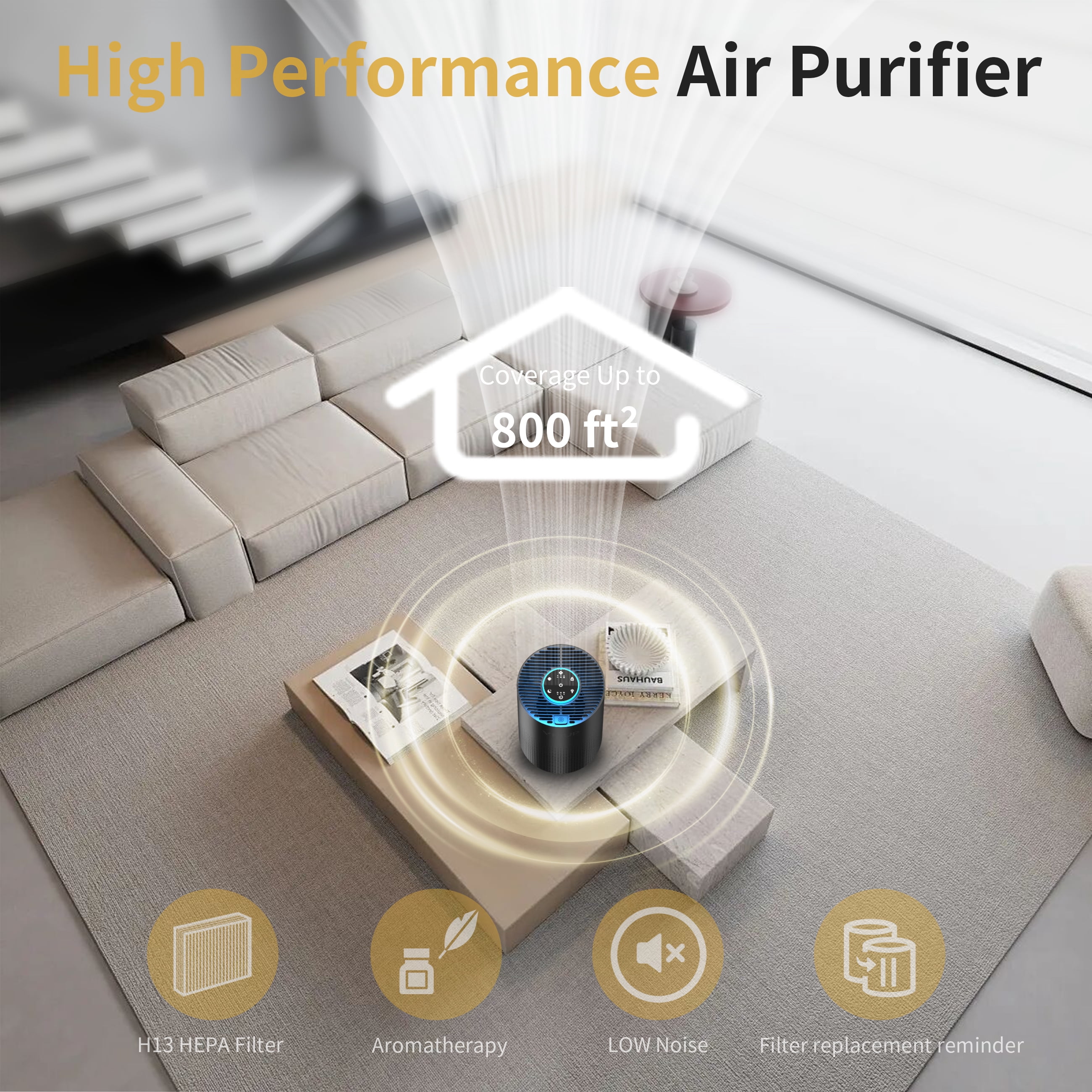 Cobectal Air Purifier with Light for Home, ZQA-4000C HEPA Filter Remove 99.9% Smoke and Dust, Black