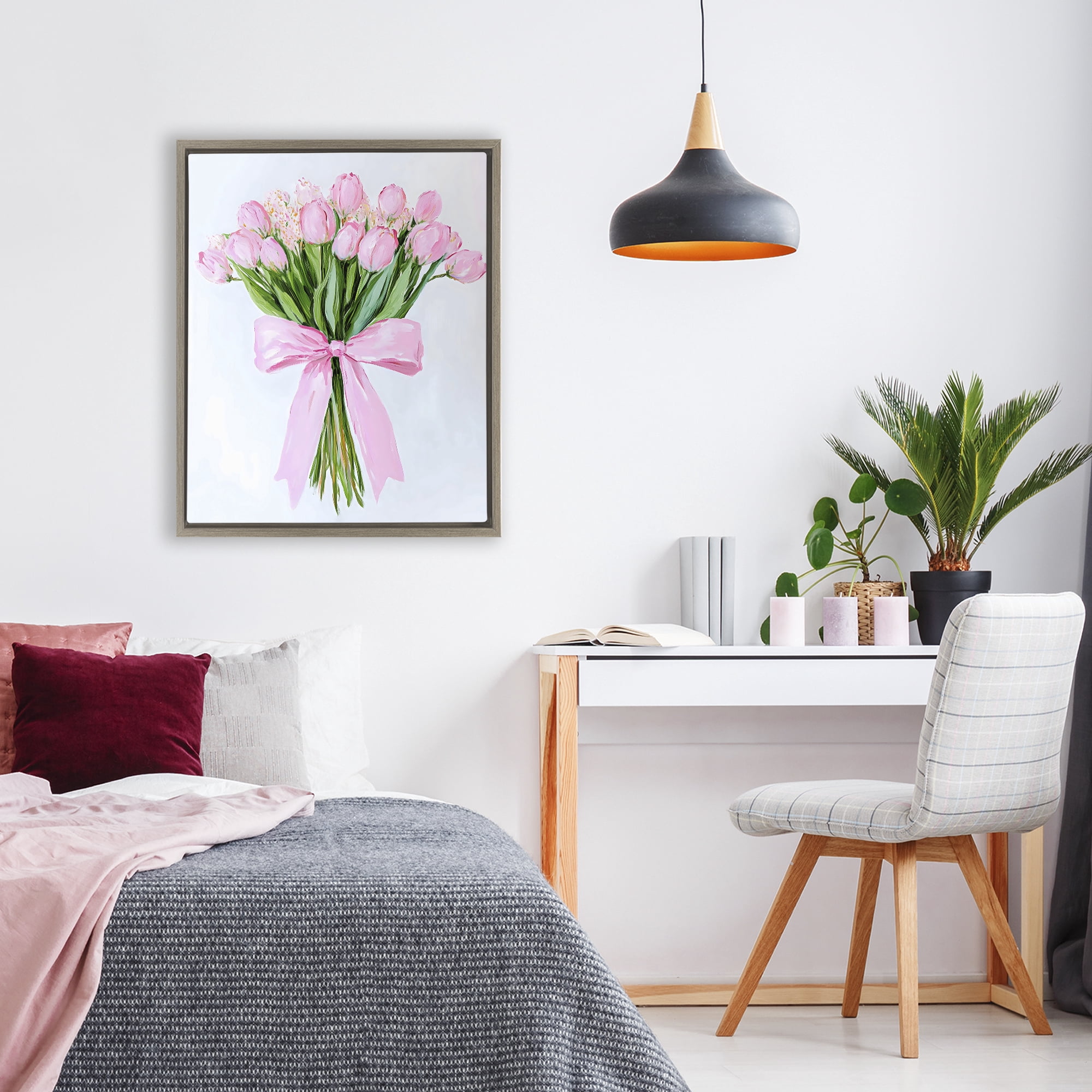 Stupell Industries Soft Pink Tulips with Ribbon Brown Framed Floater Canvas Wall Art, design by The Prints Vibe