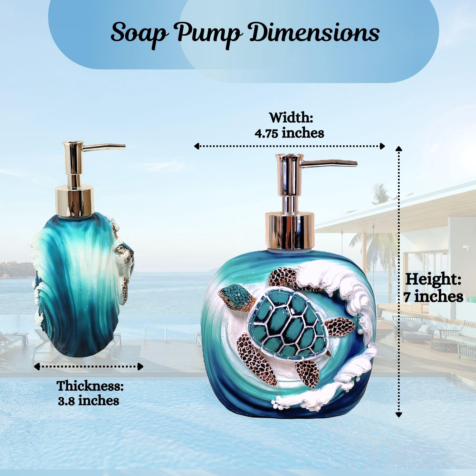 Sea Turtle Wave Decorative Soap Pump Dispenser - Nautical and Ocean - Inspired Refillable Liquid Soap and Lotion Bottle Storage - Ideal for Sea and Marine Life Lovers