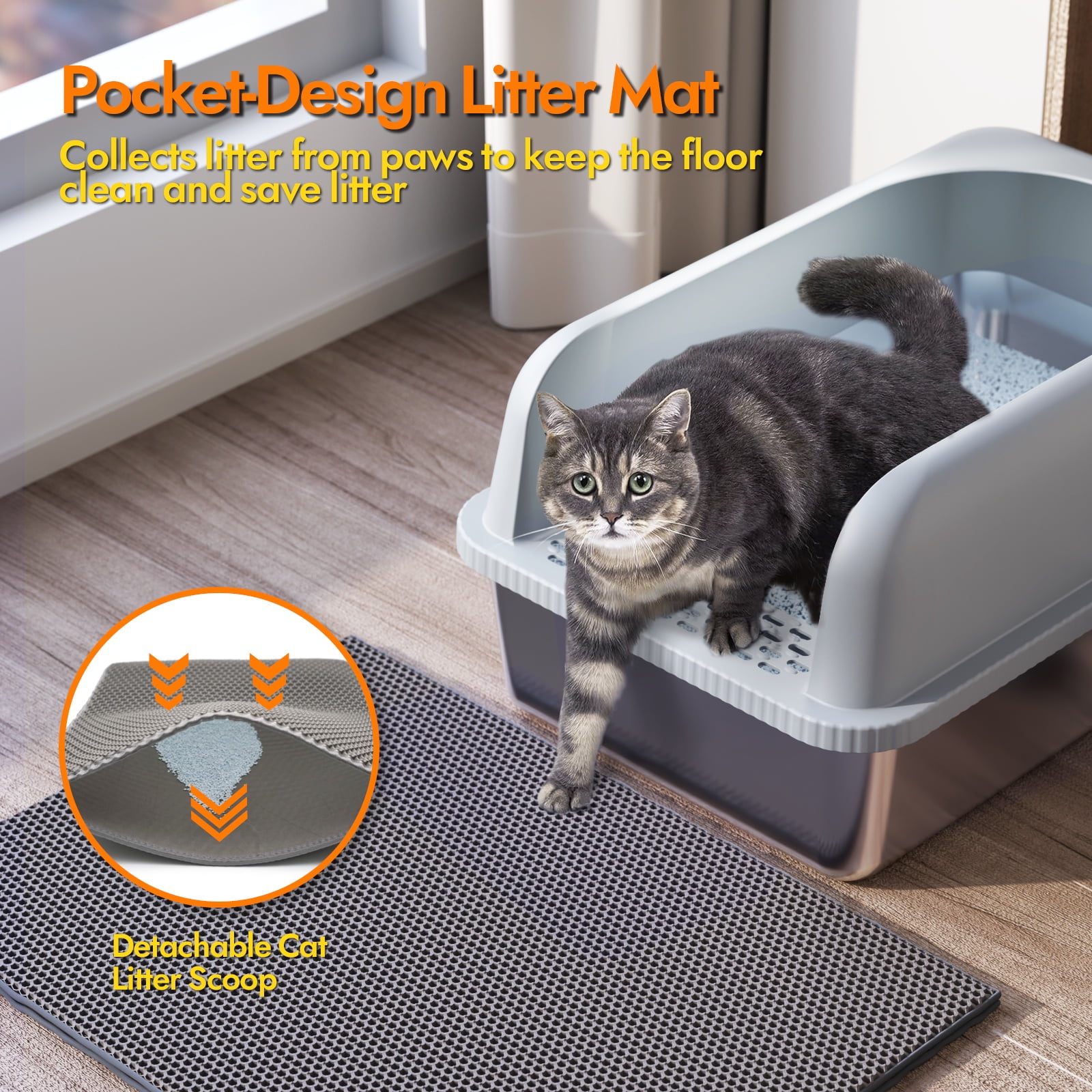 Fylica Stainless Metal Cat Litter Box, Open Top High Sided Litter Box for Multiple Cats, Anti-Leakage, Easy Cleaning, a Scoop, Scoop Holder, Cat Litter Mat Included, Brown