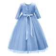 thumbnail image 3 of IBTOM CASTLE Flower Girls 3/4 Sleeve Deep V-Back Tulle Vintage Lace Wedding Party Long Dress Formal Princess Communion Pageant Maxi Gown 9-10 Years Sky Blue, 3 of 8