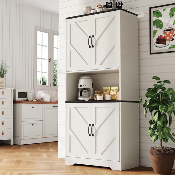 70 In Farmhouse Kitchen Pantry Cabinet with 4 Doors 2 Adjustable Shelves and Microwave Stand White