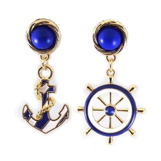 Women's Elegant Navy Anchor Helm StyleLong Dangle Drop Jewelry Earrings