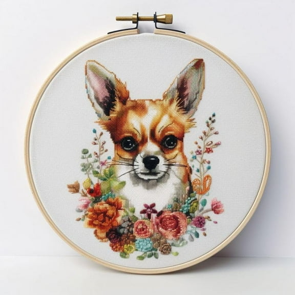 Counted Easy Cross Stitch Kits Flower Chihuahua Color Stamped Embroidery for Starter Kits DIY 11CT Stamped Patterns Embroidery Needlework Kit Supplies 12 Inch Hoop Included(29-A)