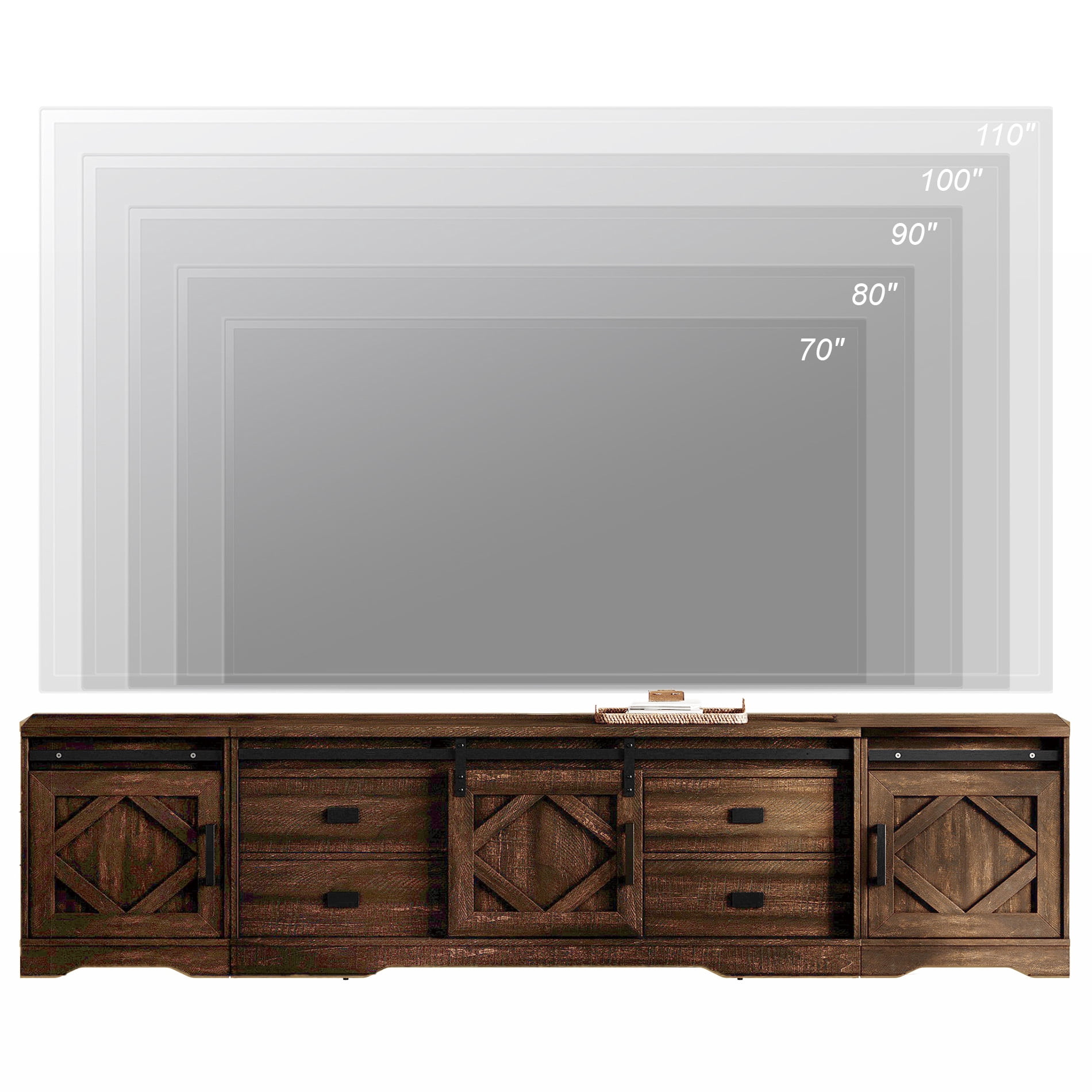 WAMPAT Farmhouse Entertainment Center for 110" TVs, 3-in-1 Wooden TV Stand with Barn Door, Adjustable Shelves and Storage Drawers,Media Console Table for Living Room,Rustic Brown