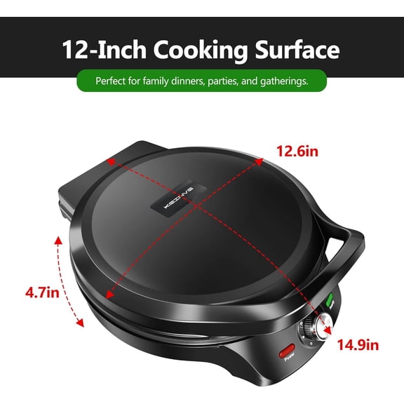 1500W Electric Griddle, 2-in-1 Indoor Griddle and Pizza Maker with 30-Min Timer and Auto Shut-Off, 12" 180 °   Open for BBQ, Steak, Burgers, Salmon, Veggies, and More