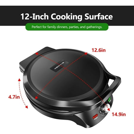 1500W Electric Griddle, 2-in-1 Indoor Griddle and Pizza Maker with 30-Min Timer and Auto Shut-Off, 12" 180 ° Open for BBQ, Steak, Burgers, Salmon, Veggies, and More