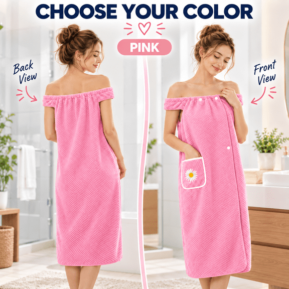 ShundaCat Women's Bath Towel Wrap Dress with Front Snaps and Daisy Pocket, Coral Fleece, Pink