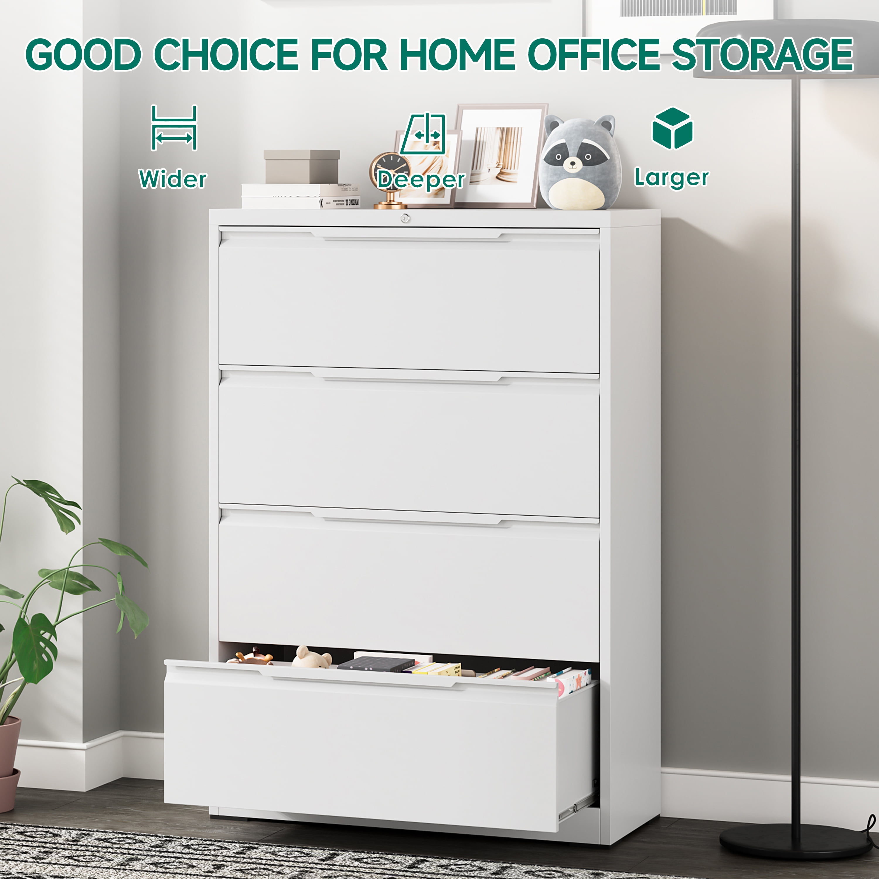 Kooyon 4 Drawer White Lockable Lateral File Cabinet, Metal Home Office Filing Cabinet, Fits A4/Letter/Legal -Assembly Required