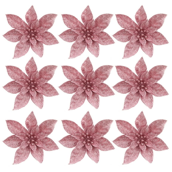 Gymnture Pink Glitter Poinsettia Christmas Flowers - 9pcs Xmas Tree/Wreath Decor