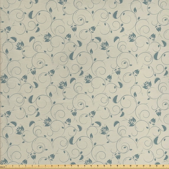 Vintage Sofa Upholstery Fabric by the Yard, Simplistic Nature Art Curlicue Branches with Floral and Leafy Details, Decorative Fabric for DIY and Home Accents, Grey Yellow Cadet Blue by Ambesonne