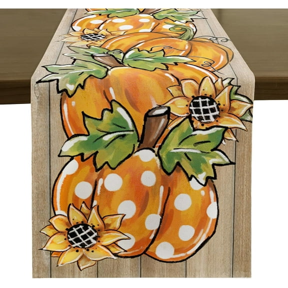 Fall Table Runner - 13 X 120 Inch - Wood Pumpkin Leaves Thanksgiving Autumn Kitchen Dining Table Decor, Farmhouse Style Home Decoration for Dining, Party, Holiday