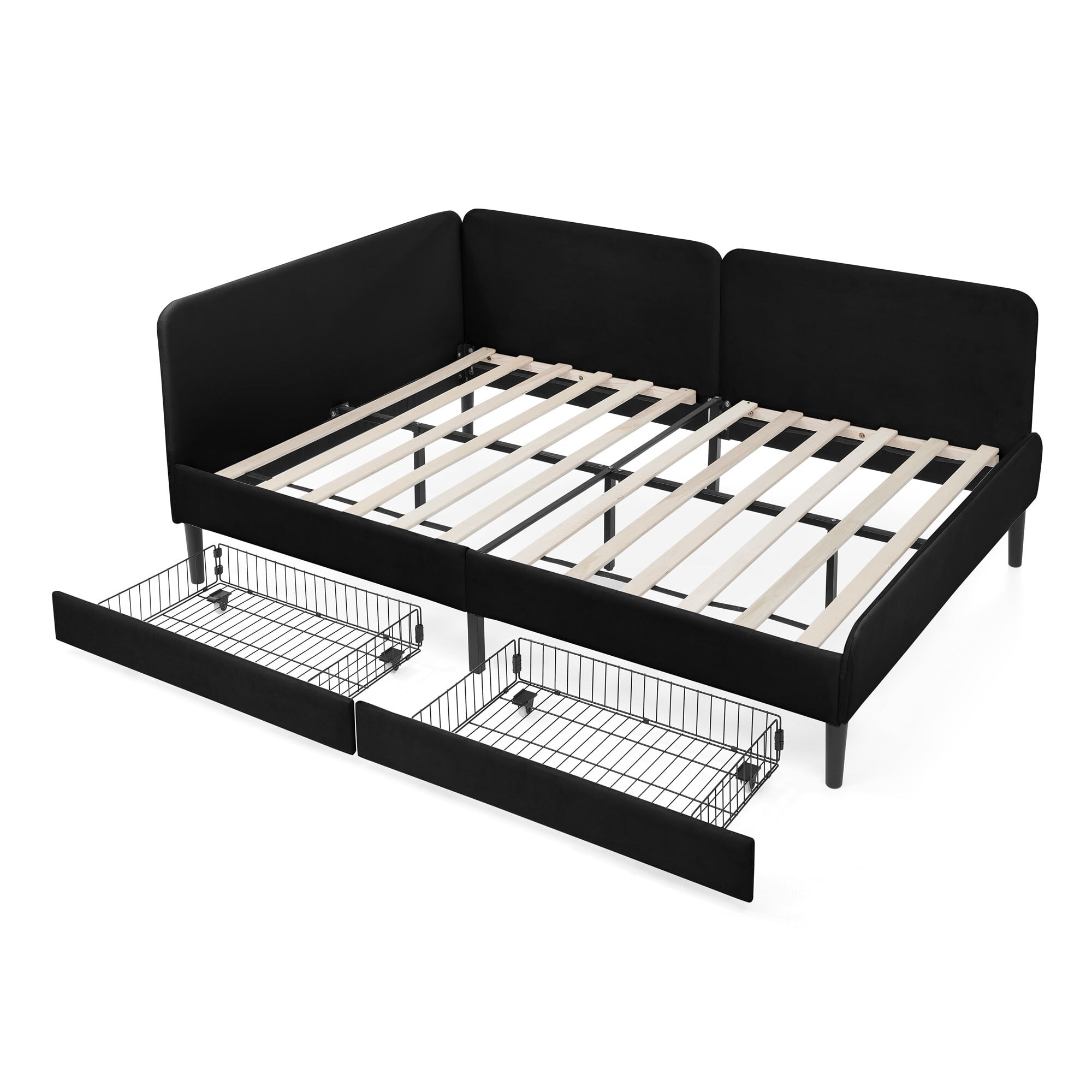 AENKYO Full Size Upholstered Daybed with Adjustable Backrest, Velvet Sofa Bed Frame with 2 Storage Drawers, Black