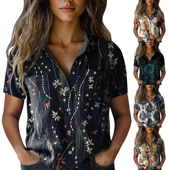 Summer Tops for Women BWASD Fashion Boho Floral Print Short Sleeve Shirts Vacation Beach Blouse Casual Going Out Travel Outfits Trendy (Black L)