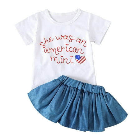 

Baby Clothes For Girls Children s Independent Day Letter Printeing Short Sleeve T Shirt Tops And Demin Skirt 2Pcs Kids And Teens Girls Clothing Sets 12-18 Months