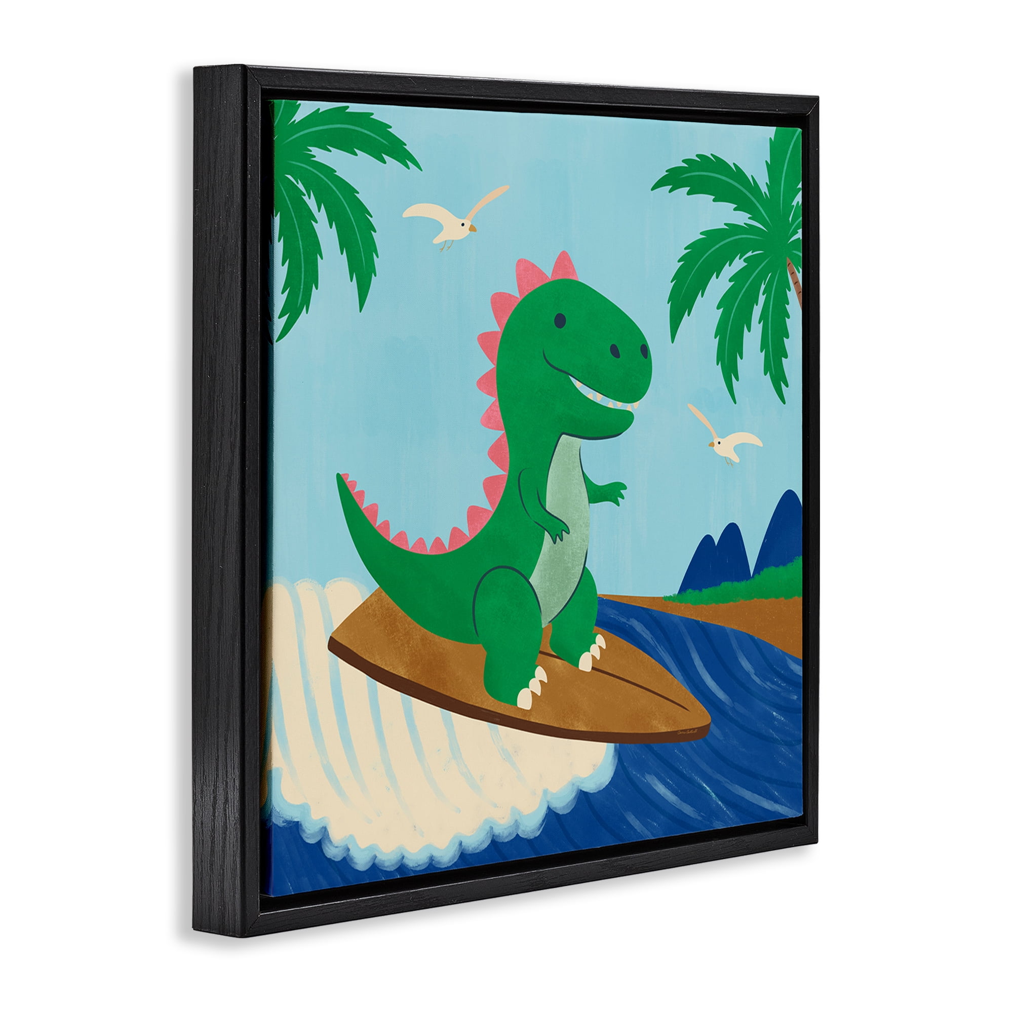 Stupell Industries Baby Surfing Dino Animals Painting Black Floater Framed Canvas Art Print Wall Art, 25 x 25