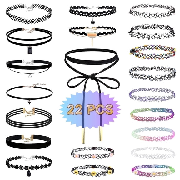 Black Tattoo Choker Necklace Velvet Choker Stretchy Choker 22 PCS for Women, Pendant Charm Chokers Henna Tattoo Stretch Elastic for Dress up