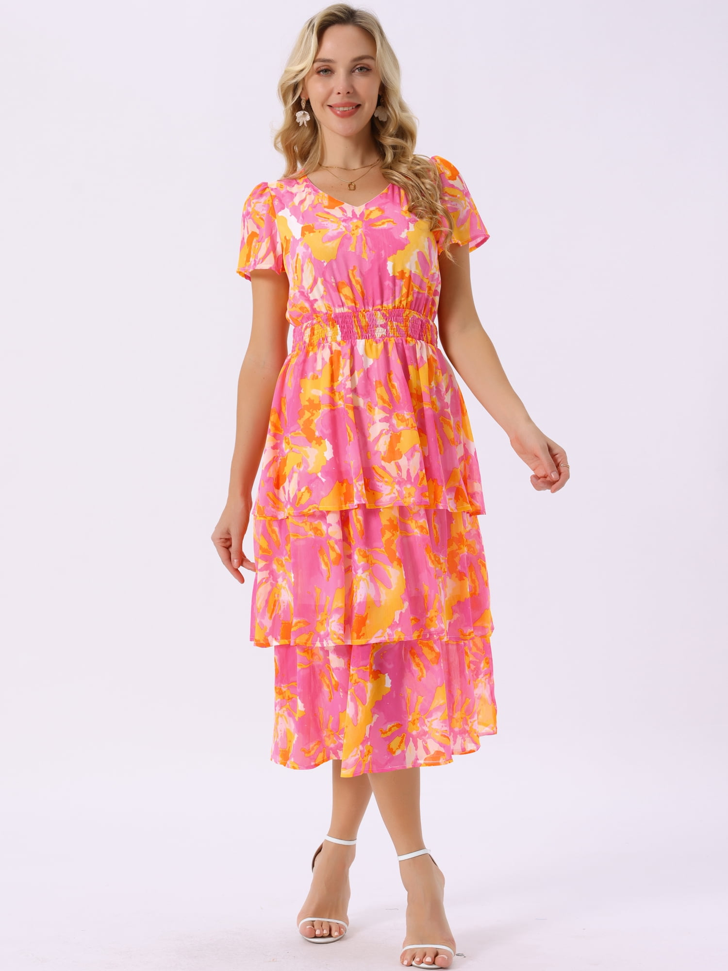DARING DIVA Floral V Neck Short Sleeve Ruffle Tiered Midi Dress M Hot Pink