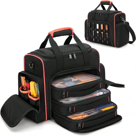 Tool Bag with 3 Removable Cases 2 Layers Tool Tote for Hand Tools Black with Red Binding