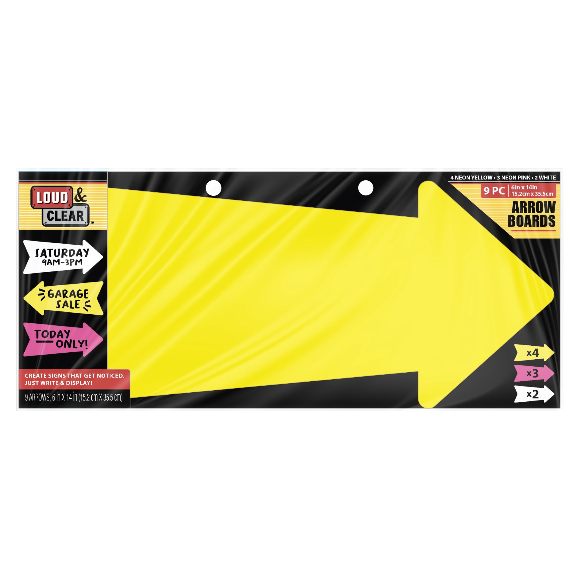 Loud & Clear - Blank Arrows Signs - Directional Signs Indoor Outdoor Use - 6"x14" 9pc Multi-pack (White, Neon Yellow, Neon Pink)