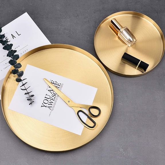 Nvzi Gold Round Storage Trays, Stainless Steel Metal Presentation Plates, Decorative Storage Organizer Serving Tray for Jewelry/Cosmetic/Kitchen Tableware,