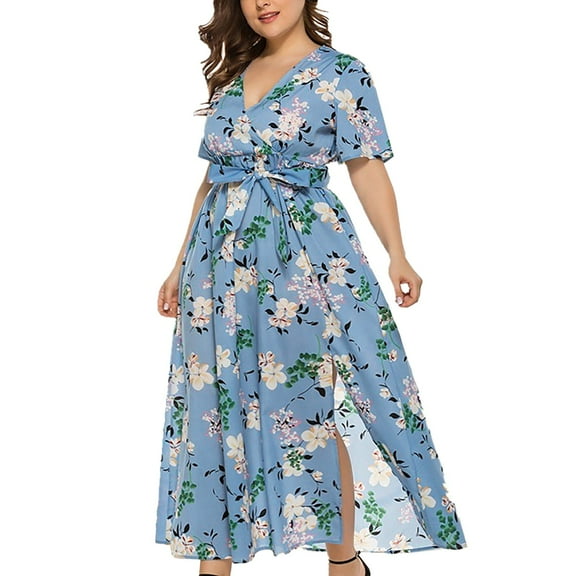 Ketyyh-chn99 Midi Dresses for Women Plus Size Skirts for Women Clothes Floral Print Dresses Boho Short Sleeve Flowy Loose Mini Dress Light Blue,5XL