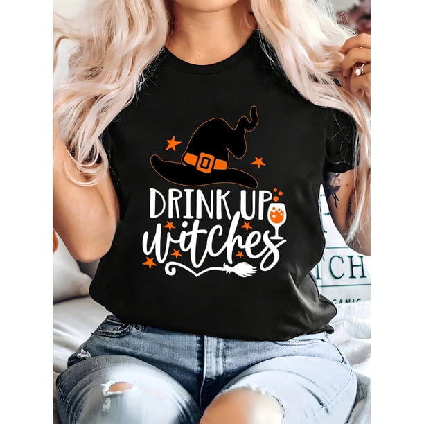 Women'S Halloween "DRiNK uP Witches" Graphic T-Shirt - Black Casual Short Sleeve Crew Neck Tee with Witch Hat & Stars Design, Cotton, Perfect for Fall & Spring, Halloween Shirts