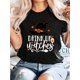 thumbnail image 1 of Women'S Halloween "DRiNK uP Witches" Graphic T-Shirt - Black Casual Short Sleeve Crew Neck Tee with Witch Hat & Stars Design, Cotton, Perfect for Fall & Spring, Halloween Shirts, 1 of 6