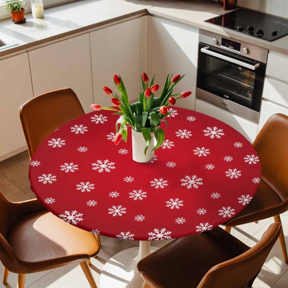 Round Fitted Tablecloth with Elastic Edge, Christmas Winter Snowflake Fitted Table Cloth for Round Tables 36-44in, Snowflake Vintage Red Waterproof Tablecloth for Outdoor Picnic Party