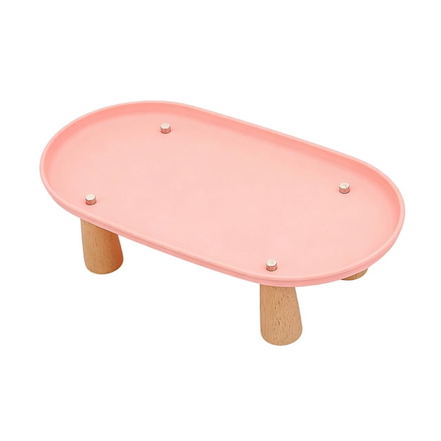 Soporte elevado para comedero de gatos, de plástico antiderrame y con base de madera. Rosa 31cmx17cm