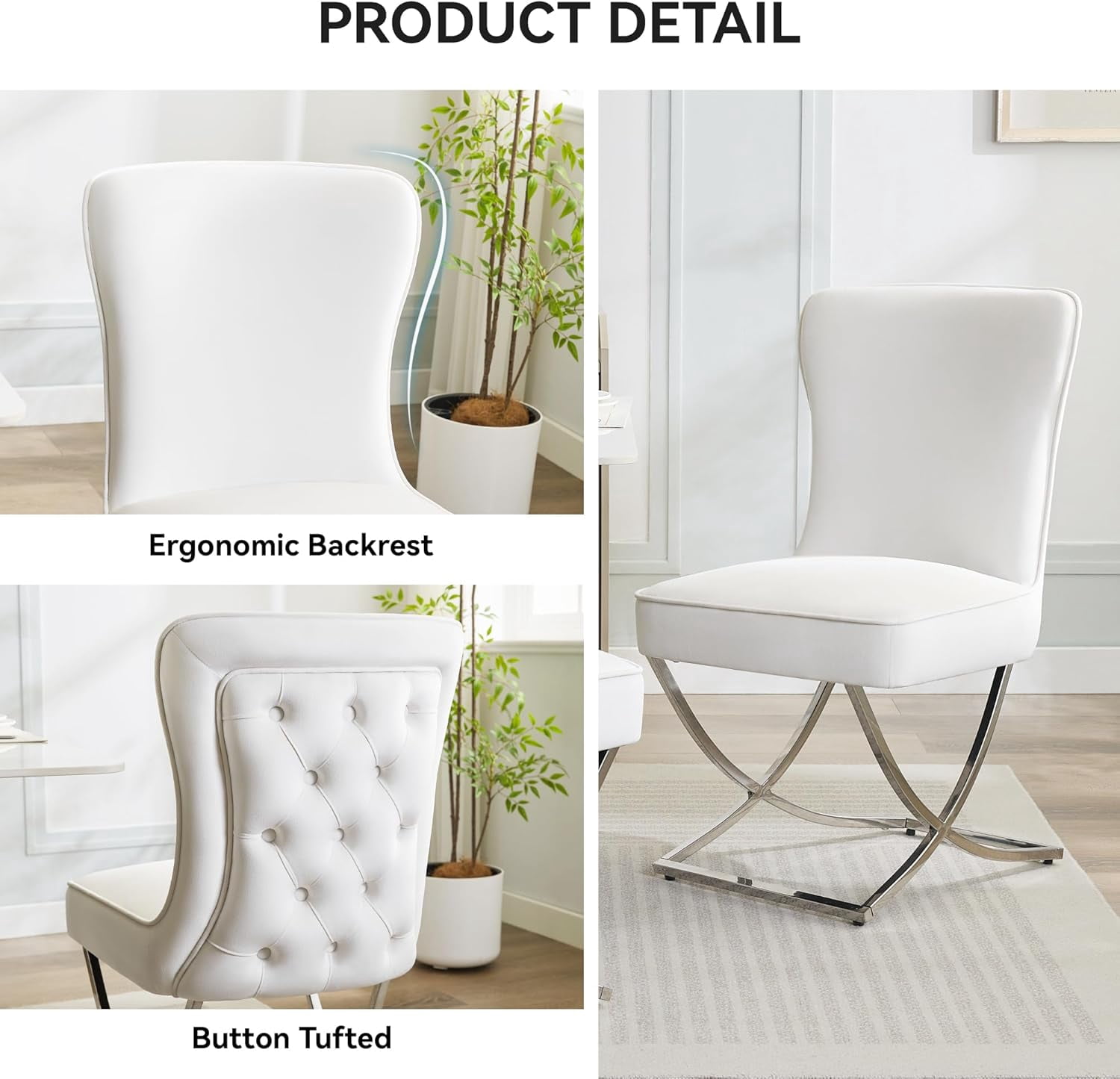 2PCS Luxury Velvet Dining Chairs, Tufted Upholstered Armless Accent Chairs with Silver Metal X-Legs, Modern Glam Dining Chair Kitchen Chairs, Beige