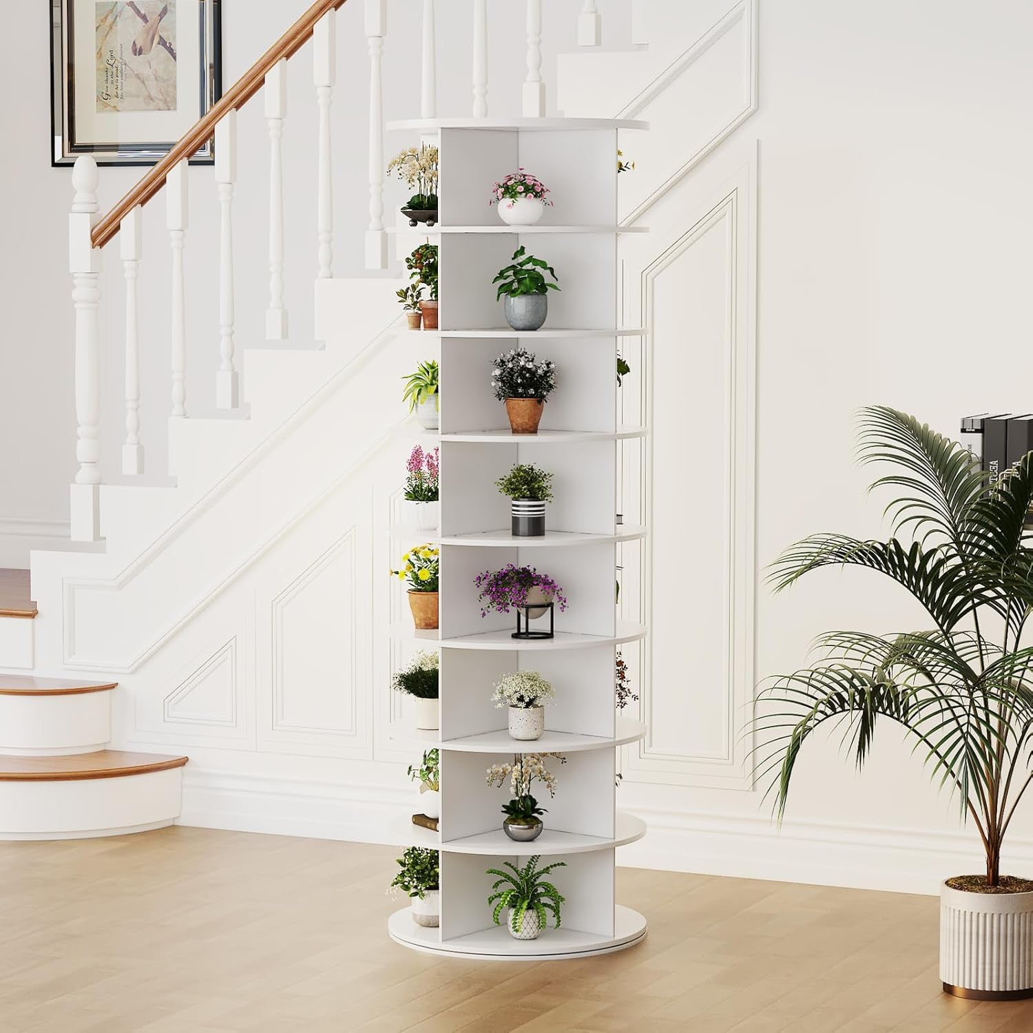 YODOLLA 8 Tier Rotating Shoe Rack, 360° Spinning Shoe Display Lazy Susan in White (23.6’’×23.6’’×71.6’’)